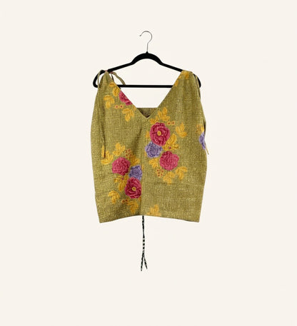 She Lives Beauty Monarch Cinch Kantha tank top in olive green vintage cotton with floral embroidery and tie front