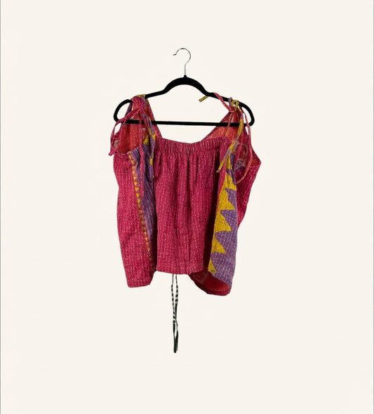 She Lives Beauty Monarch Kantha tank top in pink and purple vintage cotton with adjustable cinched front and straps.