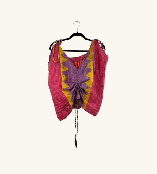 She Lives Beauty Monarch Kantha tank top in pink and yellow vintage cotton with an adjustable cinched front