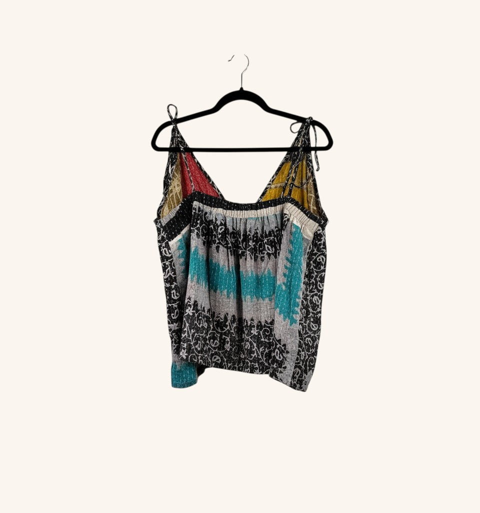 She Lives Beauty Monarch Kantha tank top made from vintage cotton saris with adjustable straps and cinched front