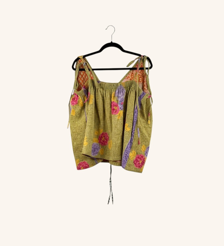 She Lives Beauty Monarch Kantha tank top in olive green vintage cotton with floral patterns and adjustable straps
