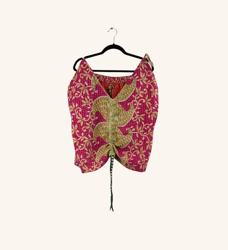 She Lives Beauty Monarch Cinch Kantha tank top in pink and gold vintage cotton with adjustable front tie detail