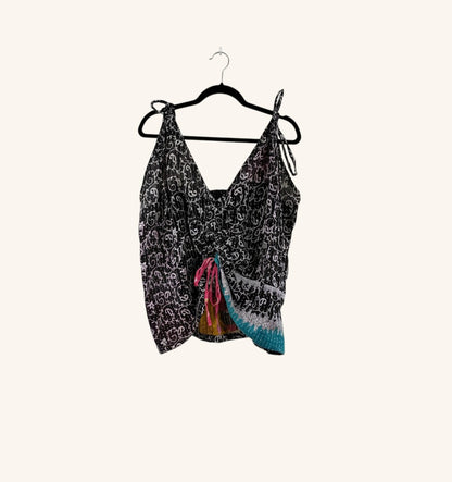 She Lives Beauty Monarch Cinch Kantha tank top in black vintage cotton with adjustable straps and cinched front detail.