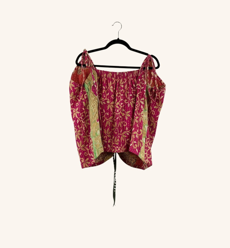 She Lives Beauty Monarch Cinch Kantha tank top in pink vintage cotton with adjustable straps and cinched front detail.