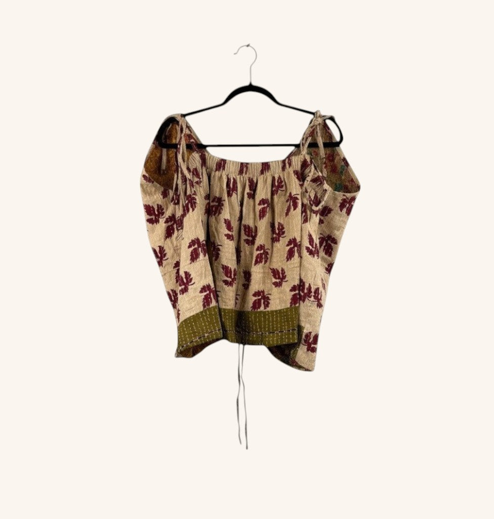 She Lives Beauty Monarch Kantha tank top in beige cotton with maroon leaf print and adjustable cinched front straps