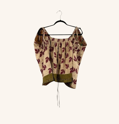 She Lives Beauty Monarch Kantha tank top in beige cotton with maroon leaf print and adjustable cinched front straps