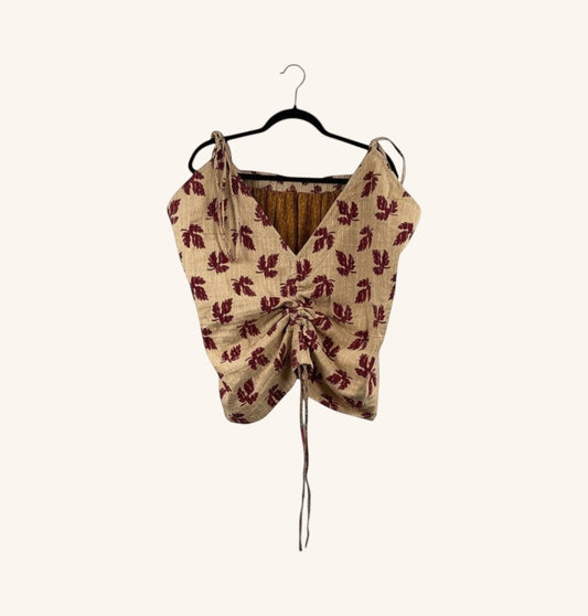 She Lives Beauty Monarch Kantha tank top in beige cotton with red leaf print, adjustable cinched front and straps.