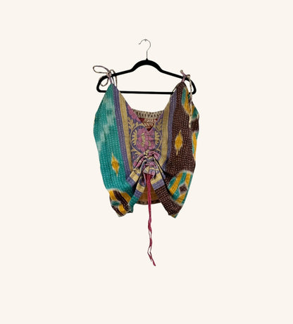 She Lives Beauty Monarch Kantha tank top in vintage cotton with adjustable cinched front and shoulder tie straps