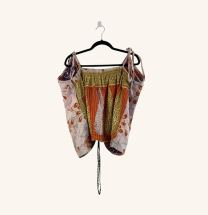 She Lives Beauty Monarch Kantha tank top in vintage cotton with orange and floral patterns and adjustable straps