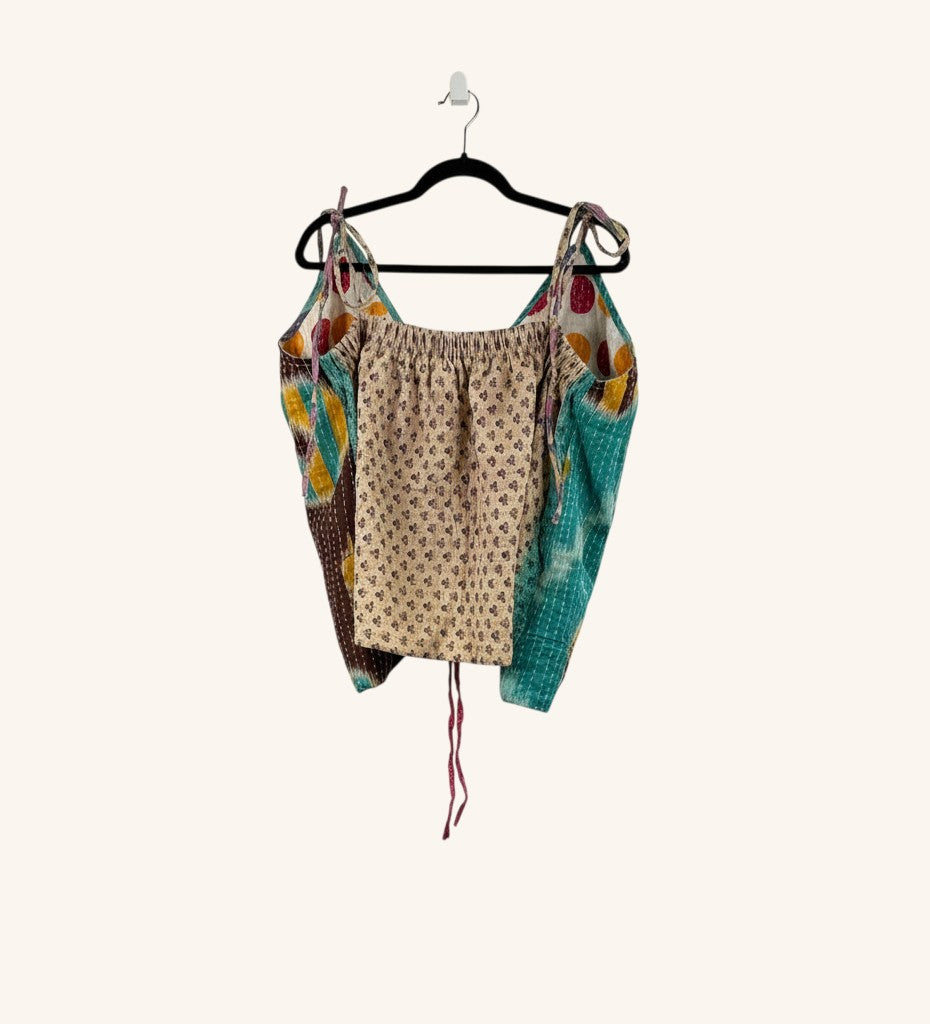 She Lives Beauty Monarch Kantha tank top made from vintage cotton with adjustable straps and a cinched front detail.