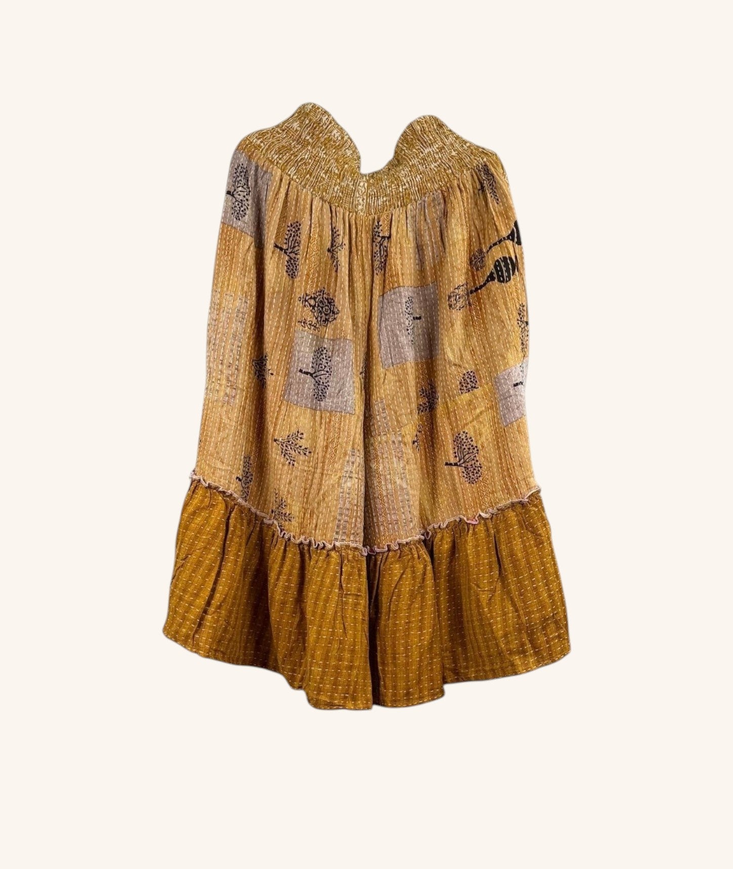 She Lives Beauty Anything for Selenas Bloomers in mustard yellow vintage kantha cotton with a ruffled hem