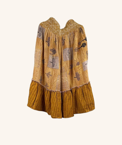 She Lives Beauty Anything for Selenas Bloomers in mustard yellow vintage kantha cotton with a ruffled hem