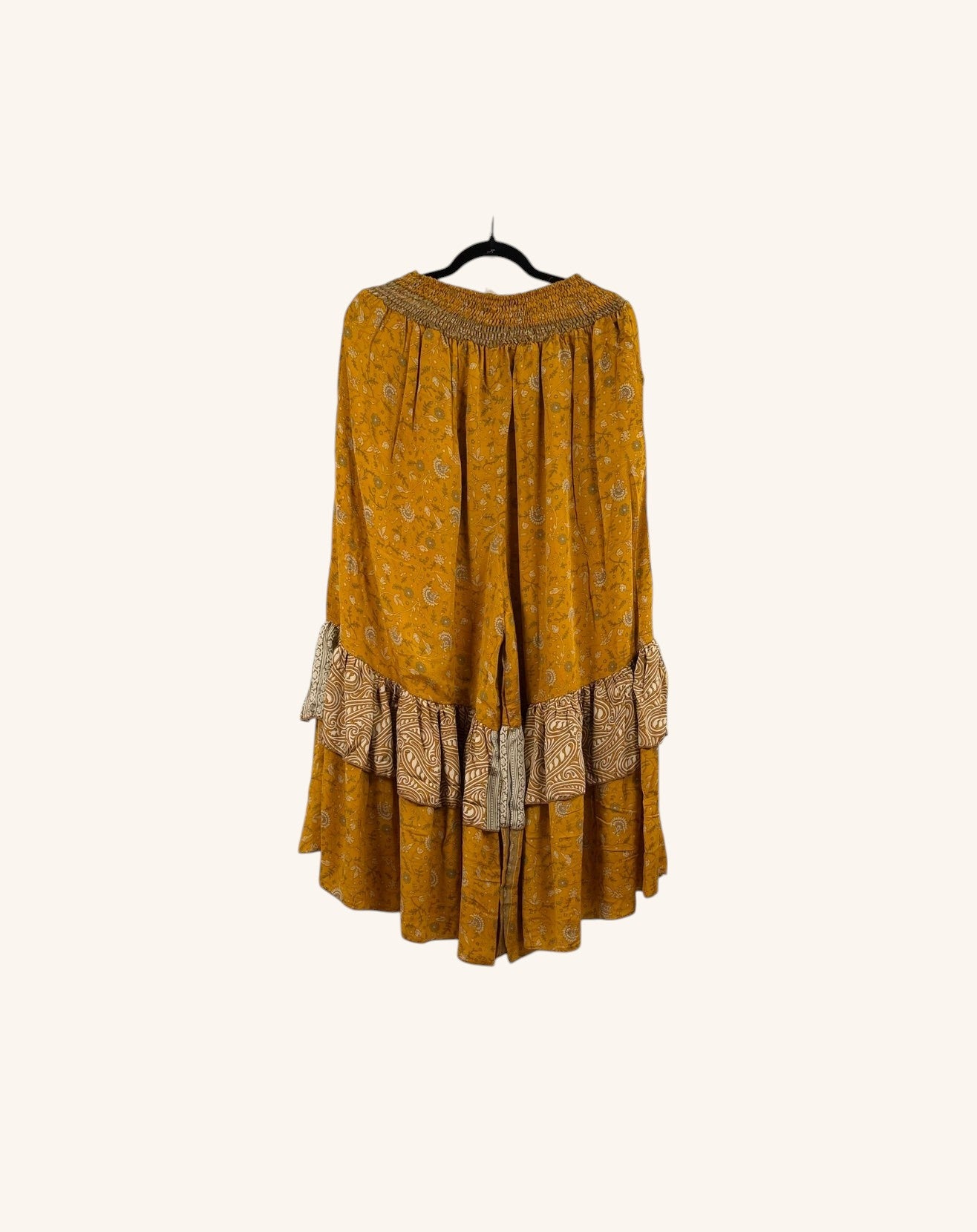 She Lives Beauty Gypsy Moon vintage rasgulla silk pants in mustard yellow with double ruffle hem and bohemian print