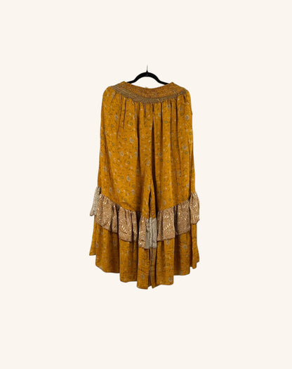 She Lives Beauty Gypsy Moon vintage rasgulla silk pants in mustard yellow with double ruffle hem and bohemian print