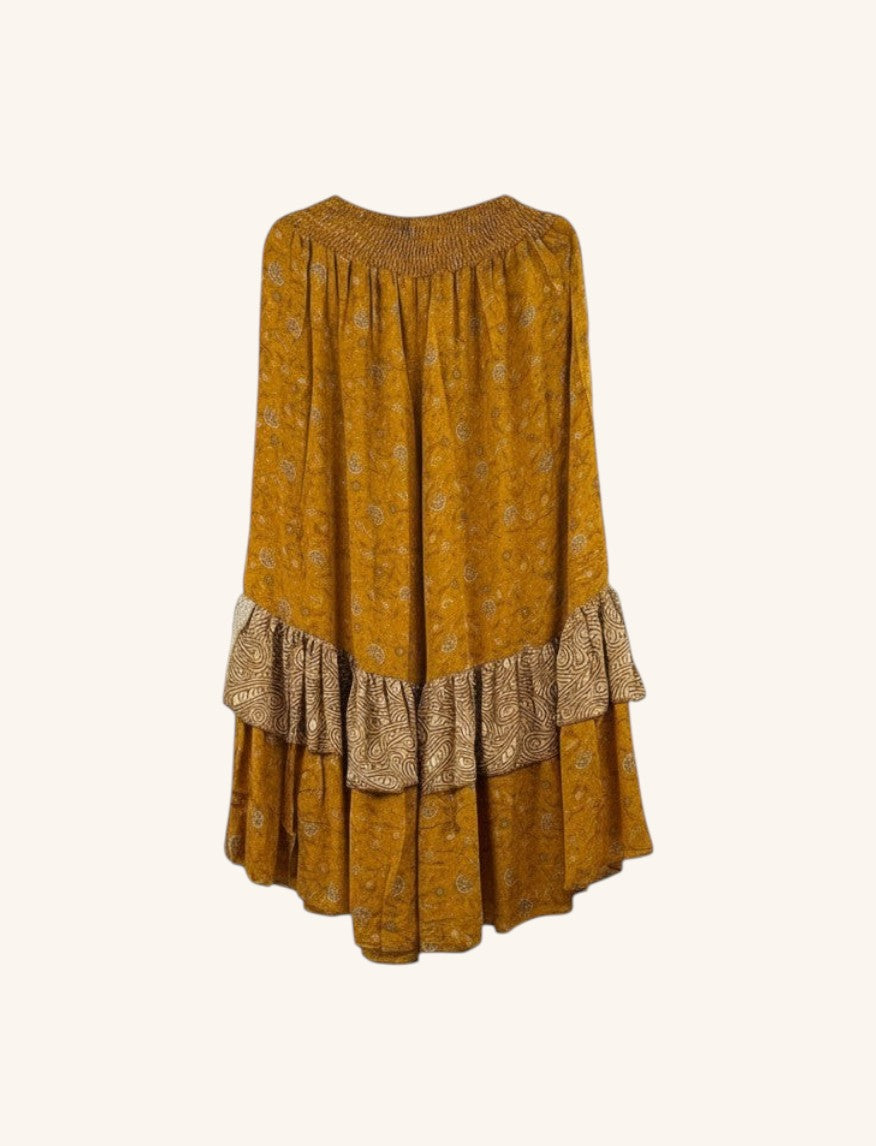 She Lives Beauty Gypsy Moon silk ruffle pants in mustard yellow with vintage paisley patterns and double hem ruffles.