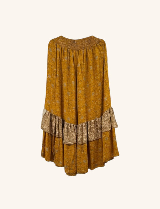 She Lives Beauty Gypsy Moon silk ruffle pants in mustard yellow with vintage paisley patterns and double hem ruffles.