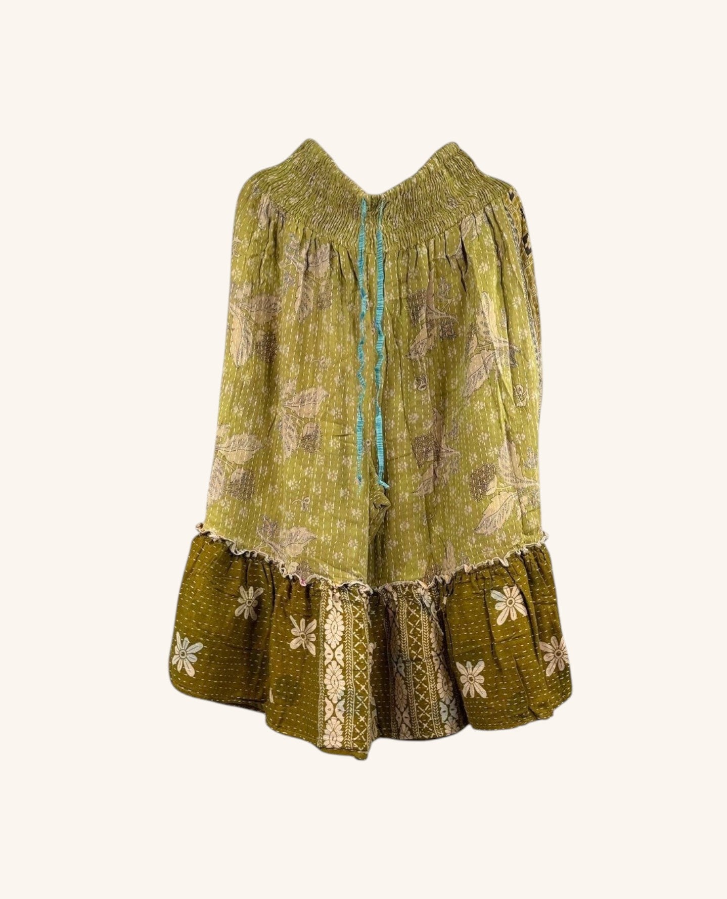 She Lives Beauty Anything for Selenas Bloomers in olive green vintage kantha cotton with an oversized ruffle hem.