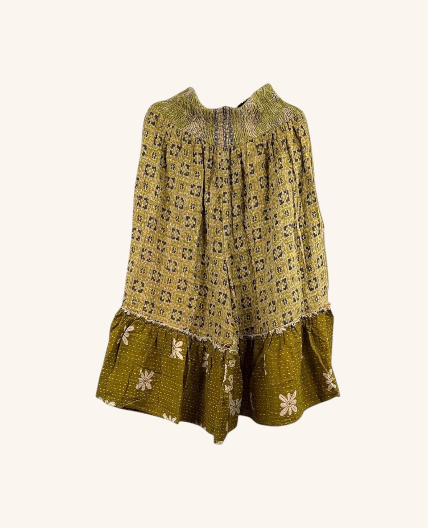 She Lives Beauty Anything for Selenas Bloomers in olive green vintage kantha cotton with a ruffled hem