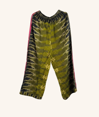She Lives Beauty Everyday Amaya wide-leg pants in olive green vintage kantha cotton with patchwork and hand-stitching.