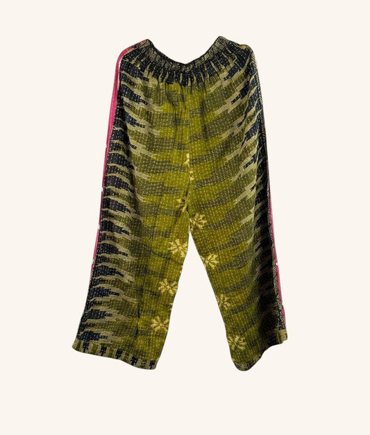 She Lives Beauty Everyday Amaya wide-leg pants in olive green vintage kantha cotton with patchwork and hand-stitching.