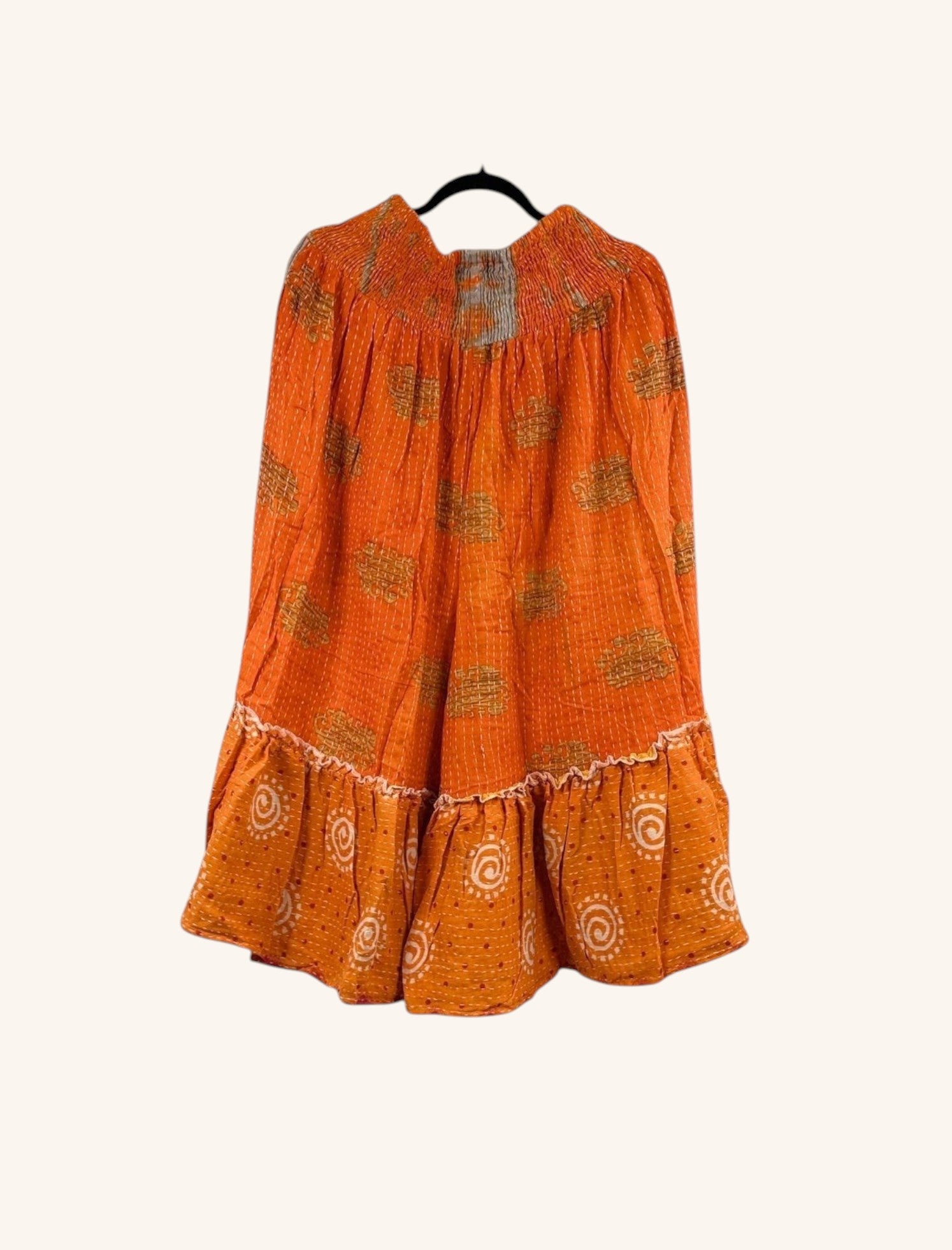 She Lives Beauty Anything for Selenas Bloomers in orange vintage Kantha cotton with a ruffled hem and elastic waist.