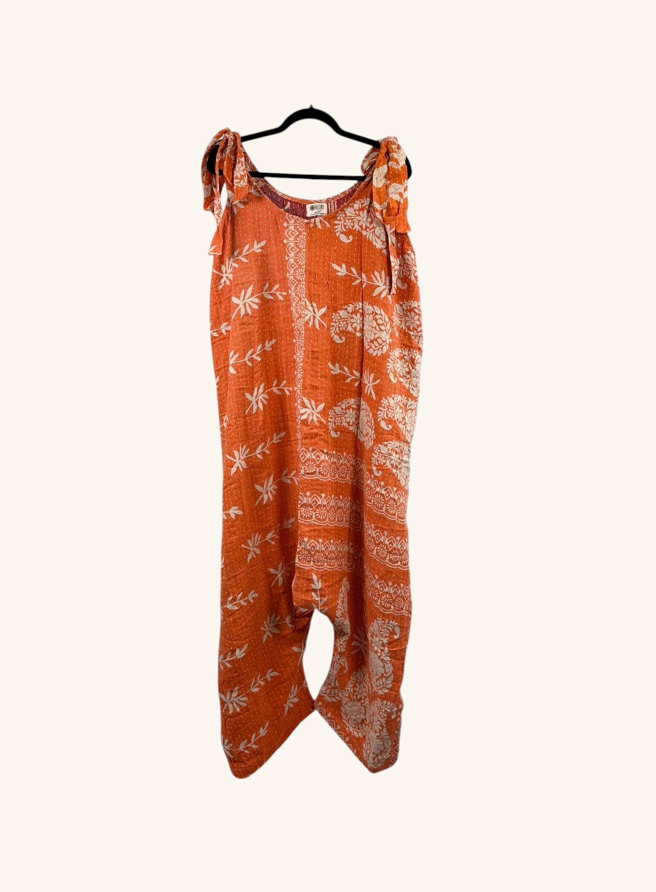 She Lives Beauty Becoming Wild harem jumpsuit in orange vintage kantha cotton with white floral and paisley patterns