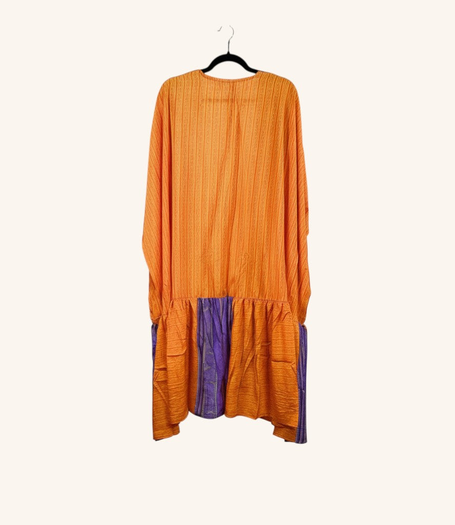 She Lives Beauty Dream Weaver kimono in orange and purple vintage silk with ruffle hem on a white background