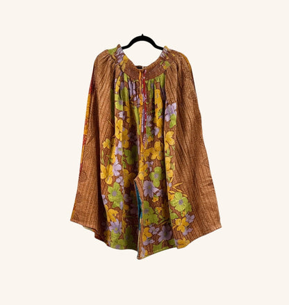 She Lives Beauty Pachuco Kantha capri pants in brown vintage cotton with floral patterns and pleated silhouette.