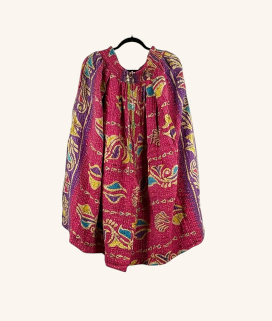 She Lives Beauty Pachuco Kantha capri pants in vibrant pink vintage cotton with colorful bohemian floral patterns.