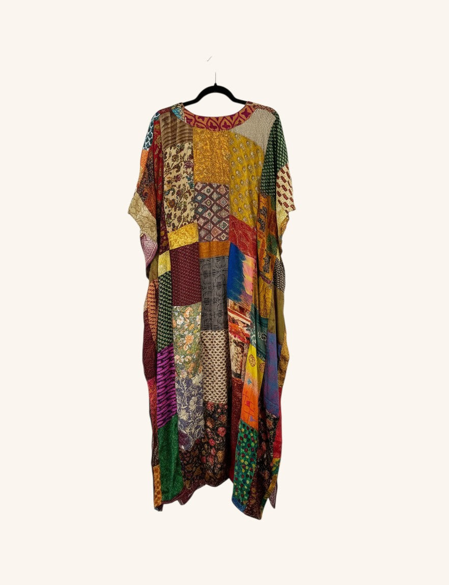 She Lives Beauty Luna Rosa reversible kaftan made from colorful vintage patchwork Rasgulla silk in a relaxed fit.