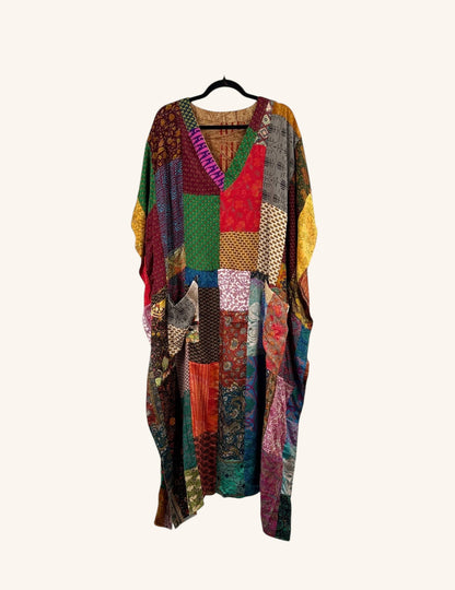 She Lives Beauty Luna Rosa reversible kaftan made from colorful vintage patchwork Rasgulla silk with a relaxed fit.