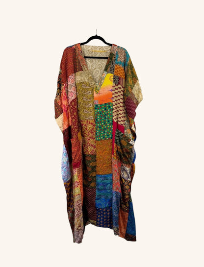 She Lives Beauty Luna Rosa reversible kaftan made from colorful vintage patchwork Rasgulla silk in a relaxed silhouette.