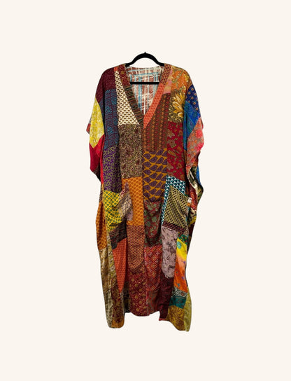 She Lives Beauty Luna Rosa reversible kaftan made from colorful vintage patchwork Rasgulla silk in a relaxed fit.