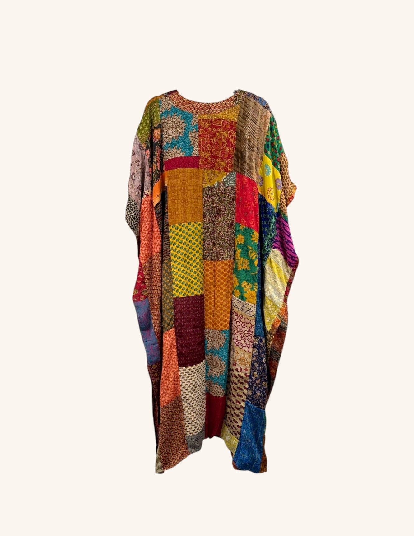 She Lives Beauty Luna Rosa reversible kaftan made from colorful vintage patchwork Rasgulla silk in a relaxed fit.
