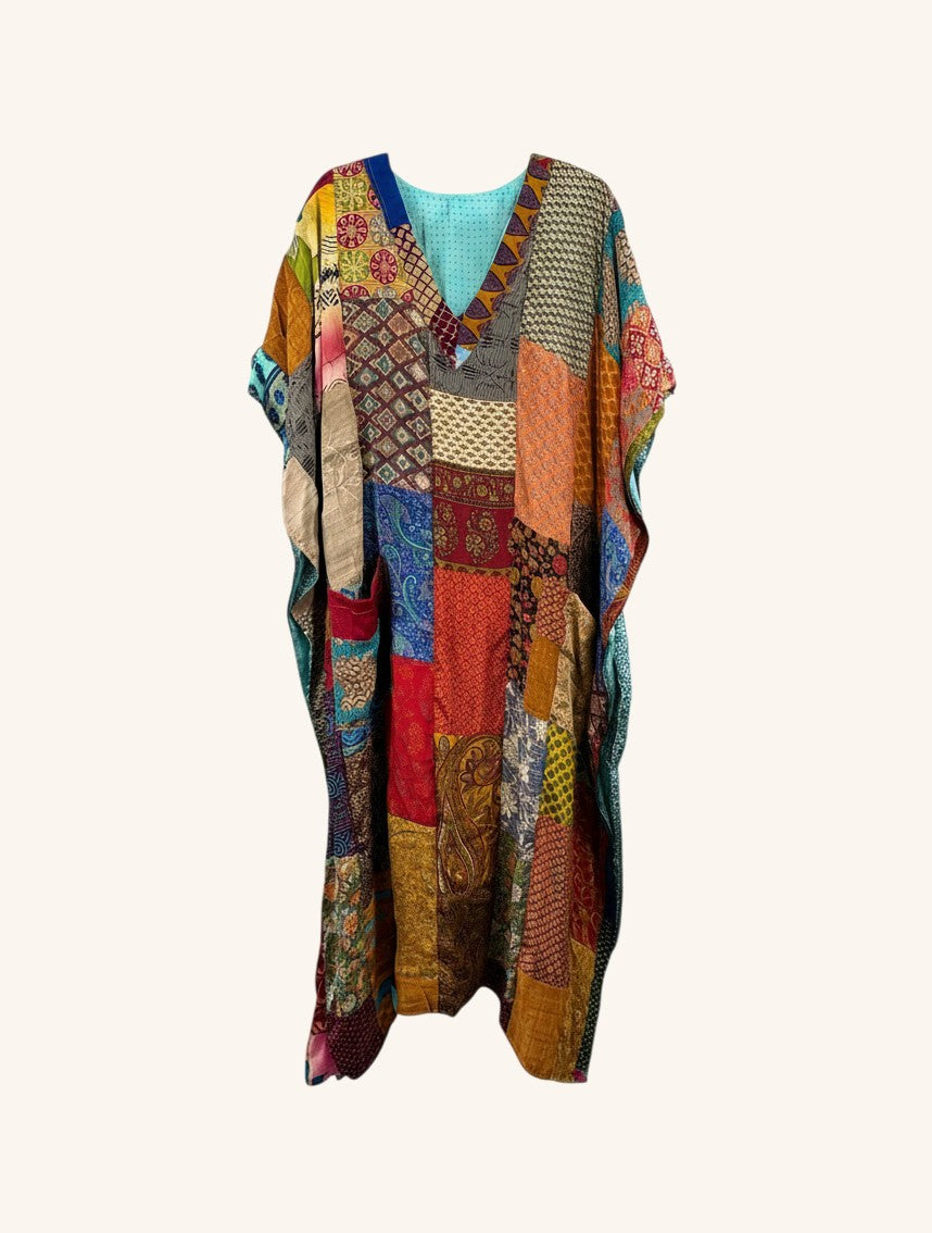 She Lives Beauty Luna Rosa reversible kaftan made from colorful vintage patchwork Rasgulla silk with a relaxed fit.