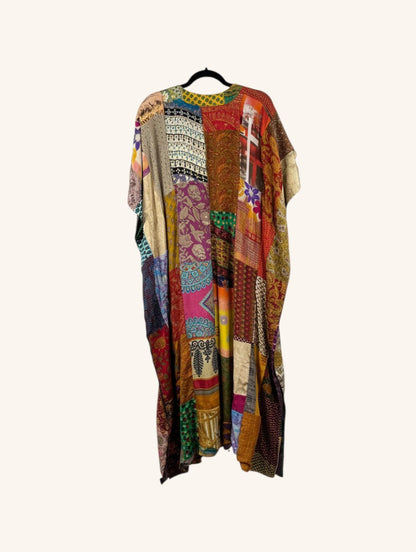 She Lives Beauty Luna Rosa reversible kaftan made from colorful vintage patchwork Rasgulla silk in a loose silhouette.