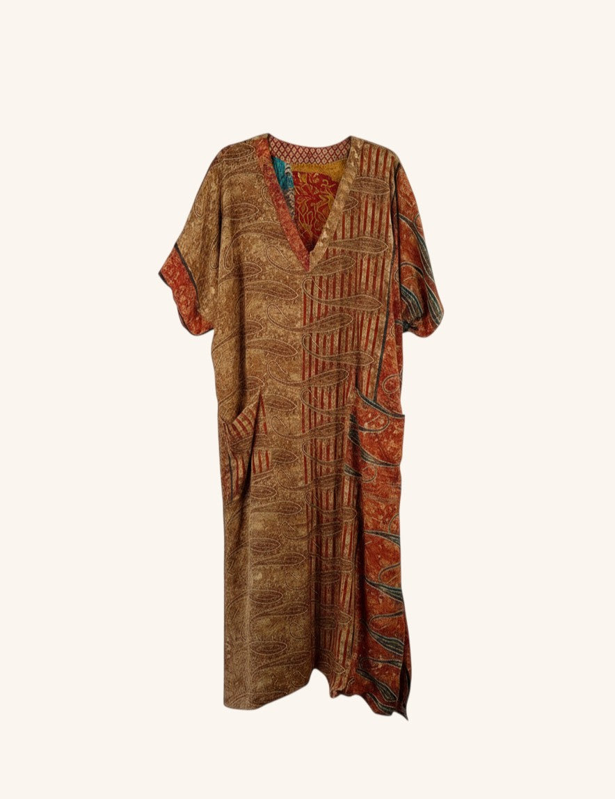 She Lives Beauty Luna Rosa reversible kaftan in patchwork vintage brown and rust Rasgulla silk with a V-neck.