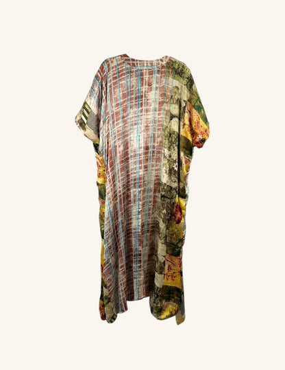 She Lives Beauty Luna Rosa reversible kaftan made from vintage patchwork Rasgulla silk with colorful boho patterns.