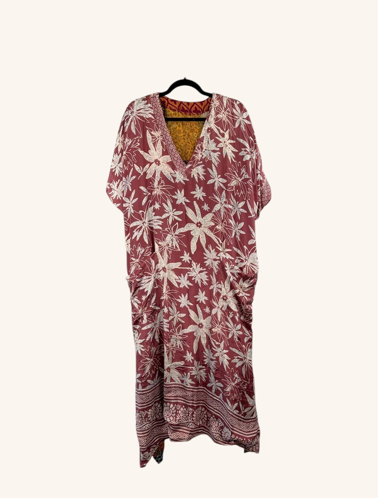 She Lives Beauty Luna Rosa reversible kaftan in vintage patchwork floral Rasgulla silk with a relaxed boho silhouette.
