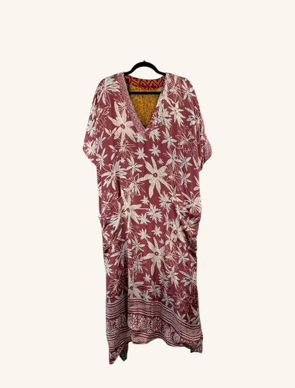 She Lives Beauty Luna Rosa reversible kaftan in vintage patchwork floral Rasgulla silk with a relaxed boho silhouette.