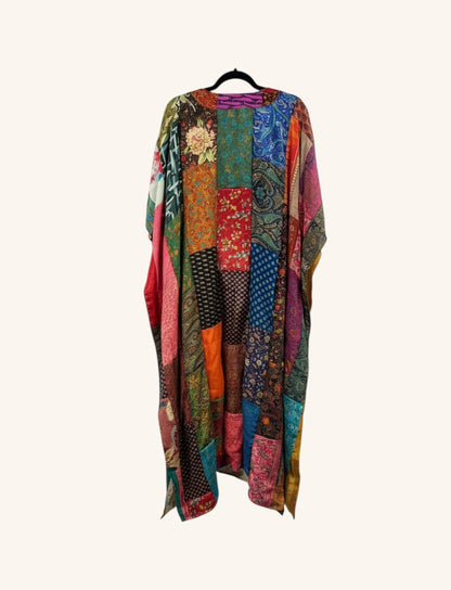 She Lives Beauty Luna Rosa reversible kaftan made from colorful vintage patchwork Rasgulla silk in a boho style.
