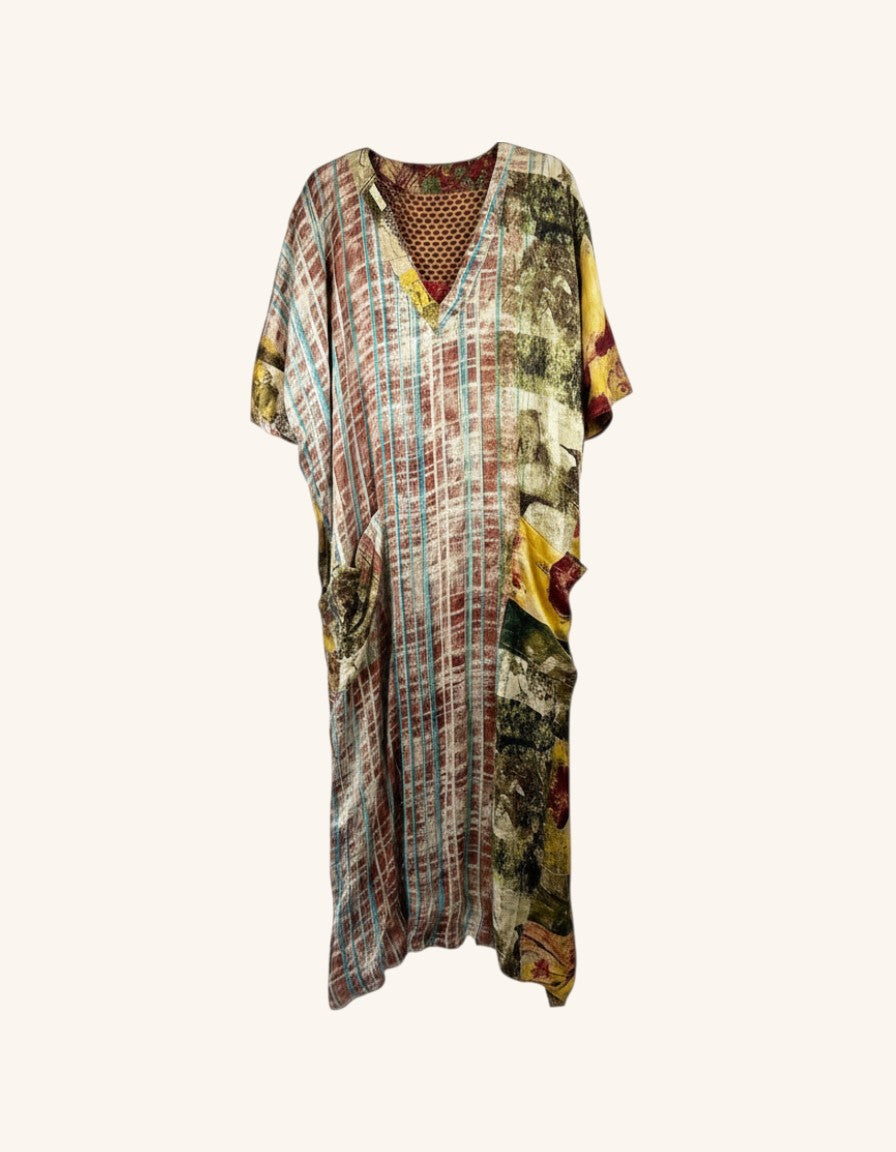 She Lives Beauty Luna Rosa reversible kaftan in vintage patchwork Rasgulla silk with a relaxed, flowing silhouette.