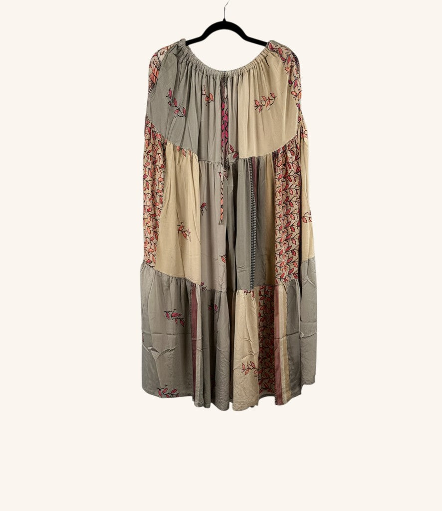 She Lives Beauty Prairie Soul maxi skirt in patchwork vintage Rasgulla silk with floral kantha stitching