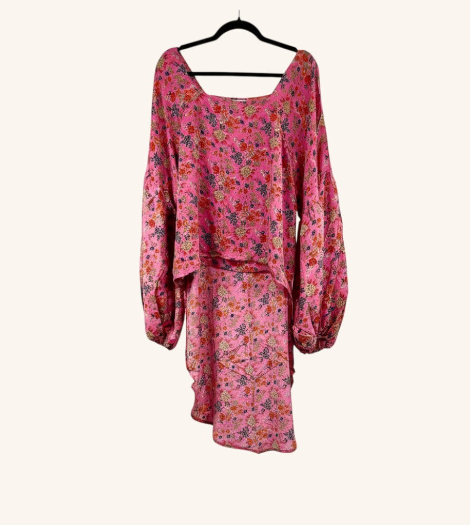 She Lives Beauty Desert Rain silk top in pink floral vintage kantha fabric with dramatic oversized ruffle sleeves.