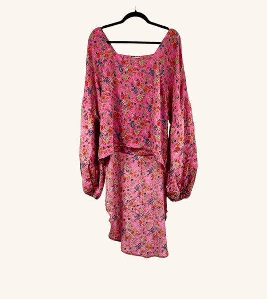 She Lives Beauty Desert Rain silk top in pink floral vintage kantha fabric with dramatic oversized ruffle sleeves.