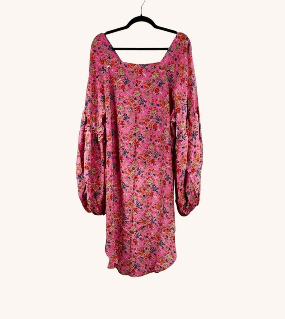 She Lives Beauty Desert Rain silk top in pink floral vintage kantha fabric with oversized ruffle sleeves.