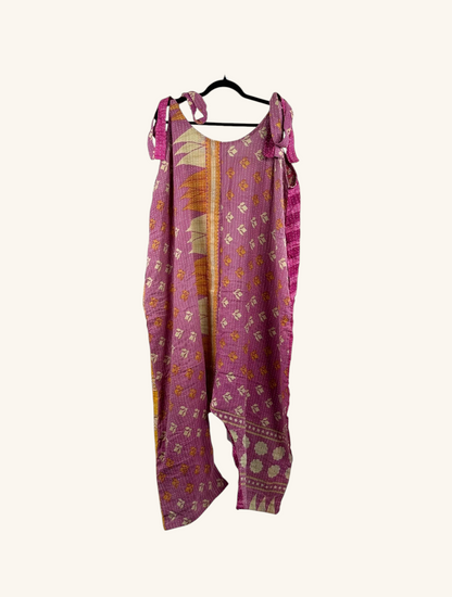 She Lives Beauty Becoming Wild harem jumpsuit in pink vintage kantha stitched cotton with bohemian floral patterns.