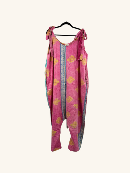 She Lives Beauty Becoming Wild harem jumpsuit in pink vintage kantha cotton with yellow floral patterns and tie straps