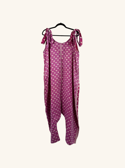 She Lives Beauty Becoming Wild harem jumpsuit in pink vintage kantha cotton with tie shoulders and floral print