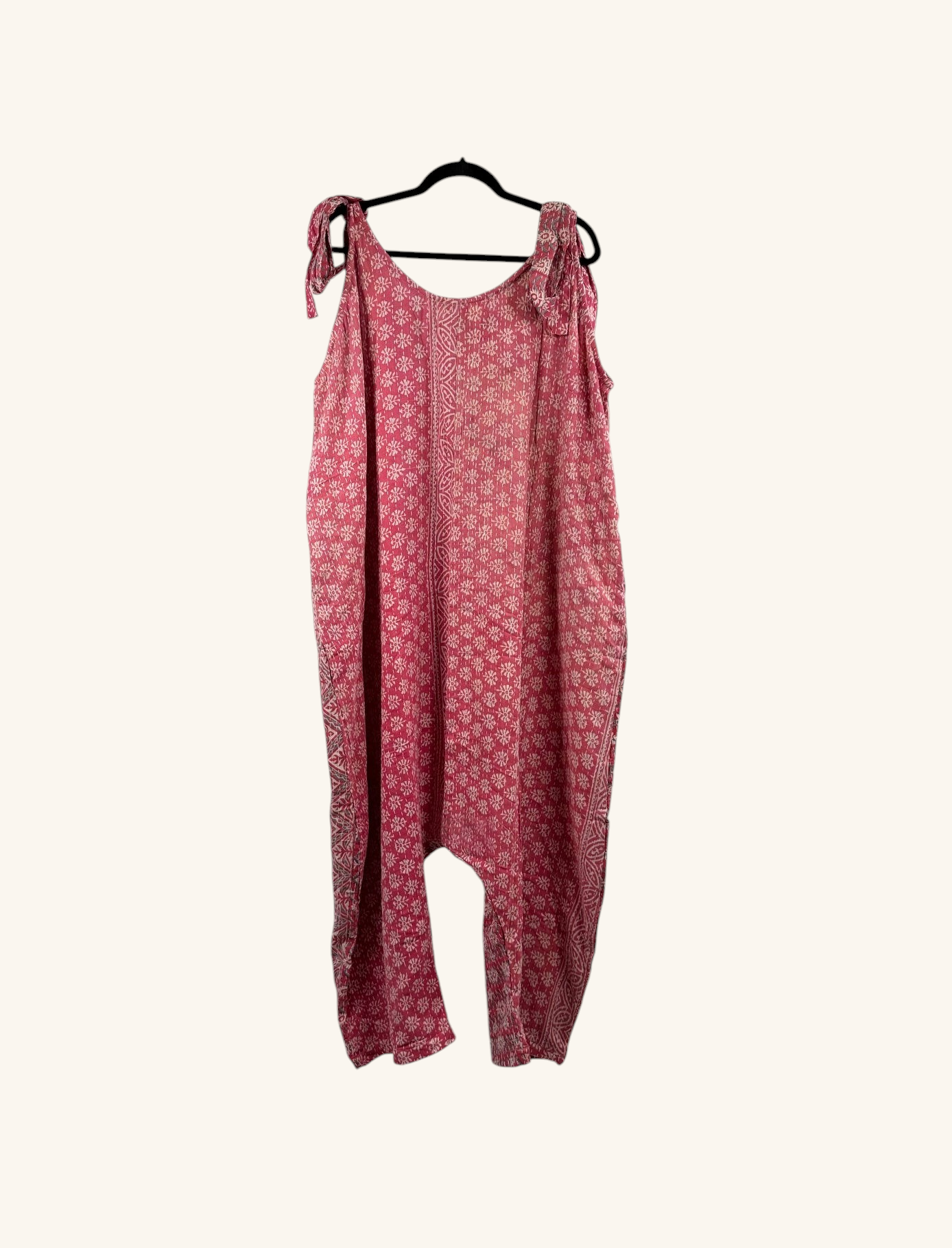 She Lives Beauty Becoming Wild harem jumpsuit in pink vintage Kantha cotton with tie straps and bohemian print